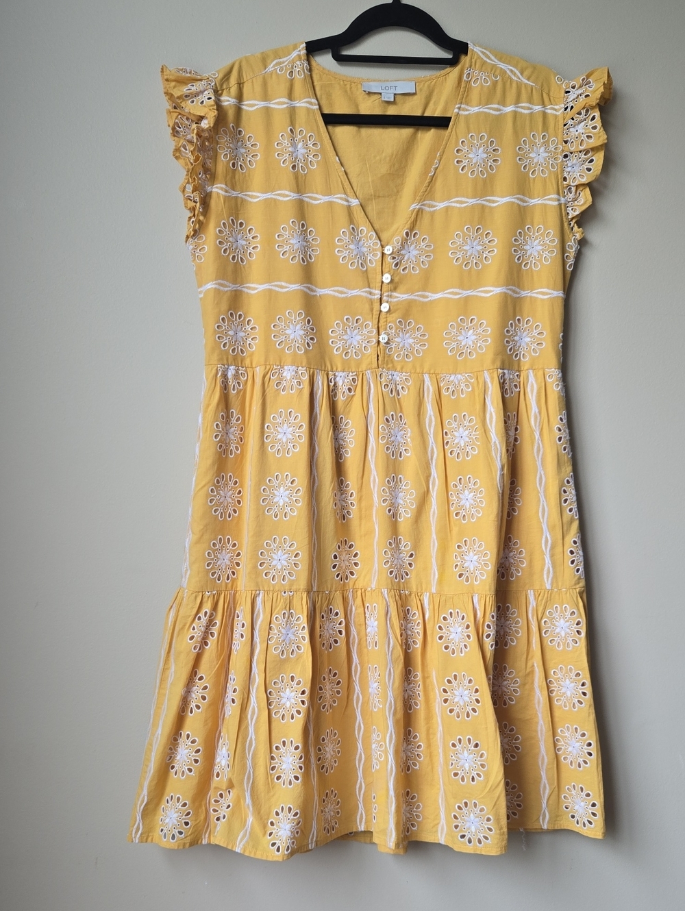 LOFT Yellow Eyelet Tiered Dress with White Embroidery